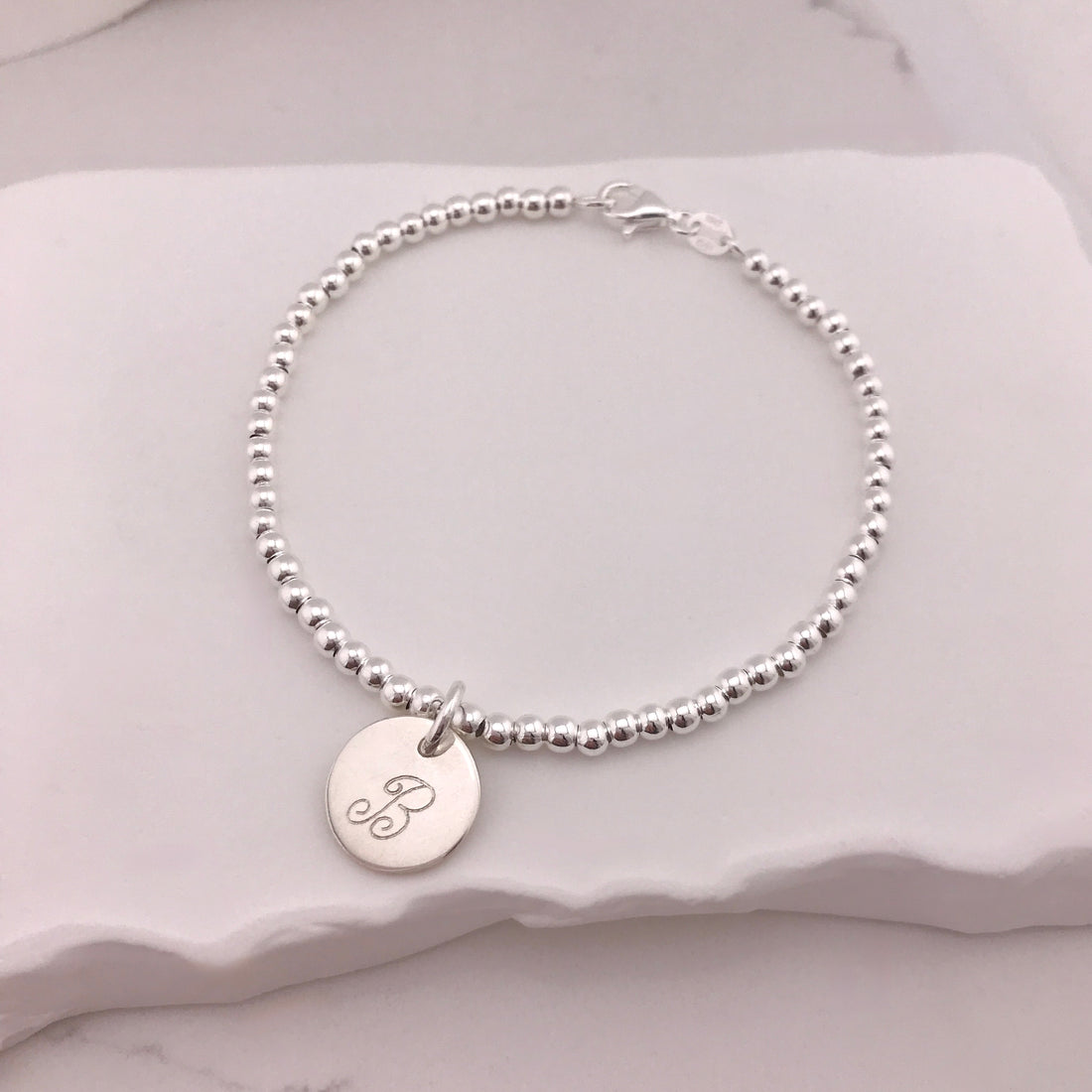Engravable- 925 Sterling Silver Ball Bracelet with Circle Charm