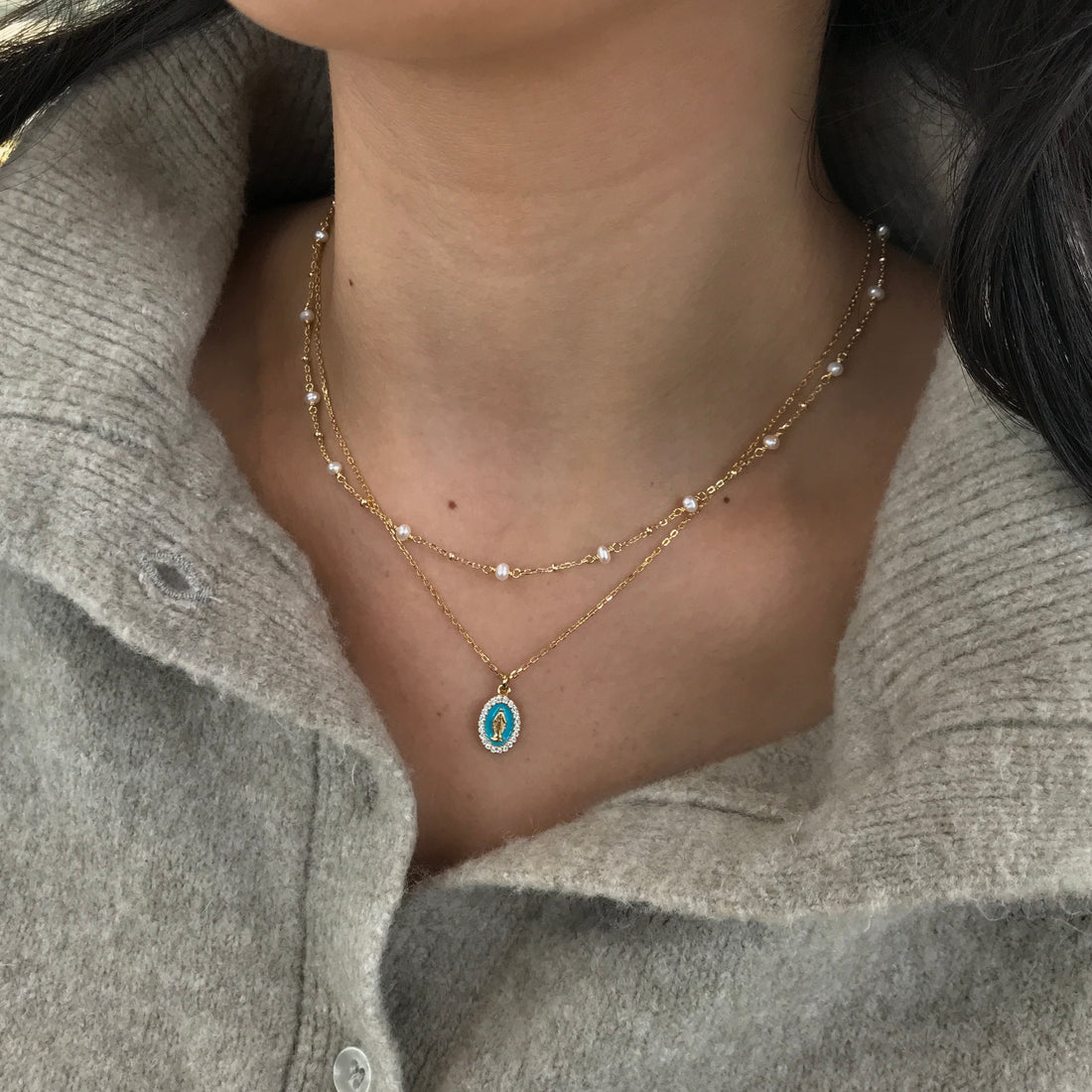 Oval Enamel Mother Mary Necklace by Amen