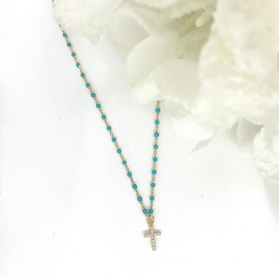925/18k Vermeil Turquoise Enamel CZ Cross Necklace