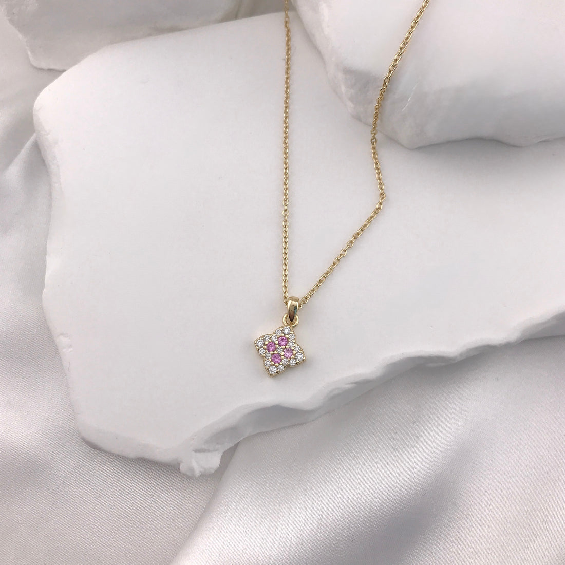 Lucky Pink CZ Clover Necklace