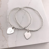 Engravable- 925 Sterling Silver Stretch Bracelet with Heart Charm S, M, L