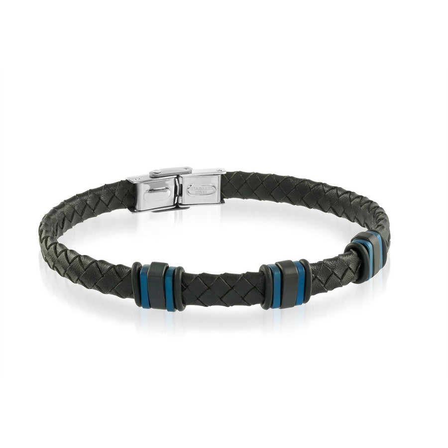 Stainless Steel Black Braided Leather with Black & Blue Bracelet