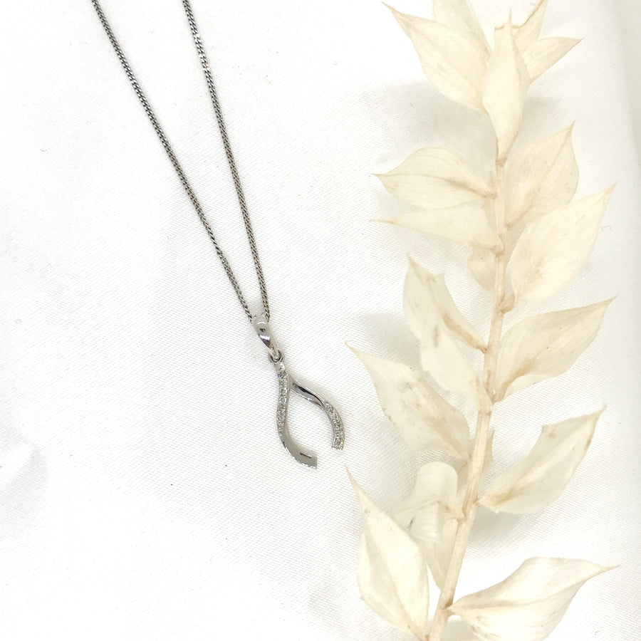 10k White Gold Diamond Wishbone Necklace