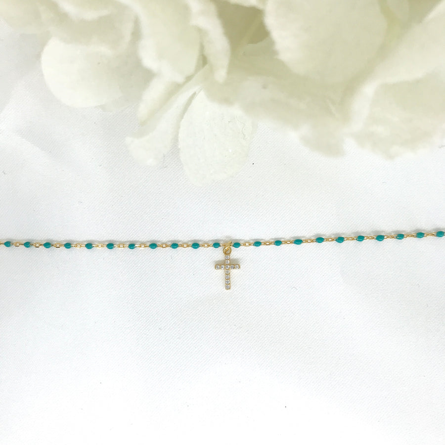 925/18k Vermeil Turquoise Enamel CZ Cross Bracelet