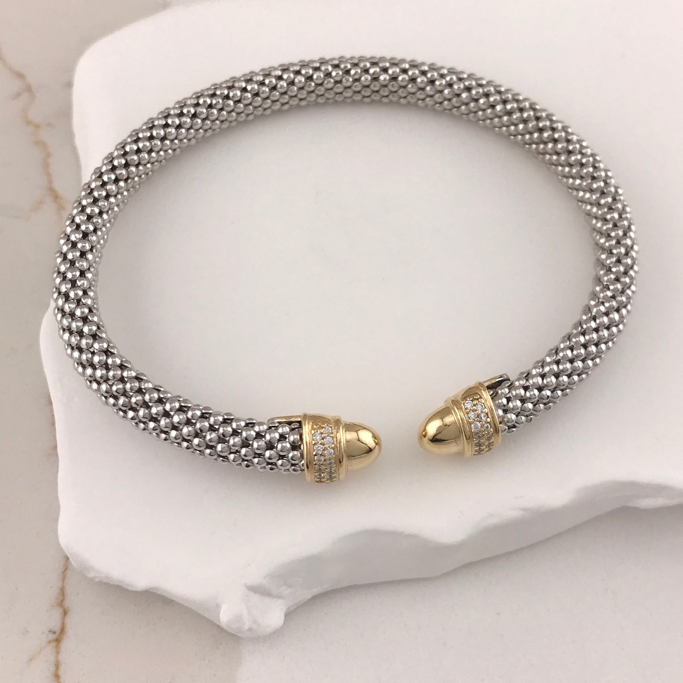 Miss Mimi- 925/14k Vermeil Slip-on Mesh Bangle With Cubic Zirconia