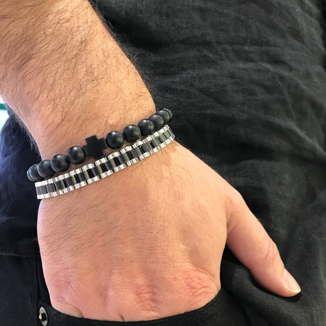 Stainless Steel Brushed Cross 8mm Beaded Bracelet by Ital Gem