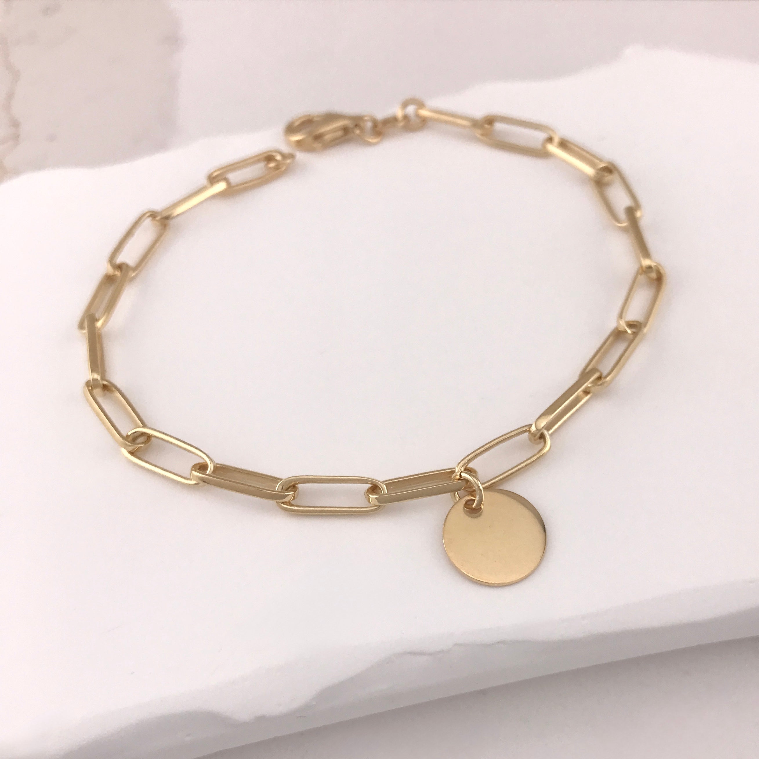 Miss Mimi Engravable Disc - 925/14k Vermeil Thin Paperclip Disc Bracelet