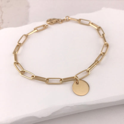 Personalized Thin Paperclip Disc Bracelet by Miss Mimi