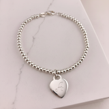 Engravable- 925 Sterling Silver 3mm Ball Bracelet with Heart