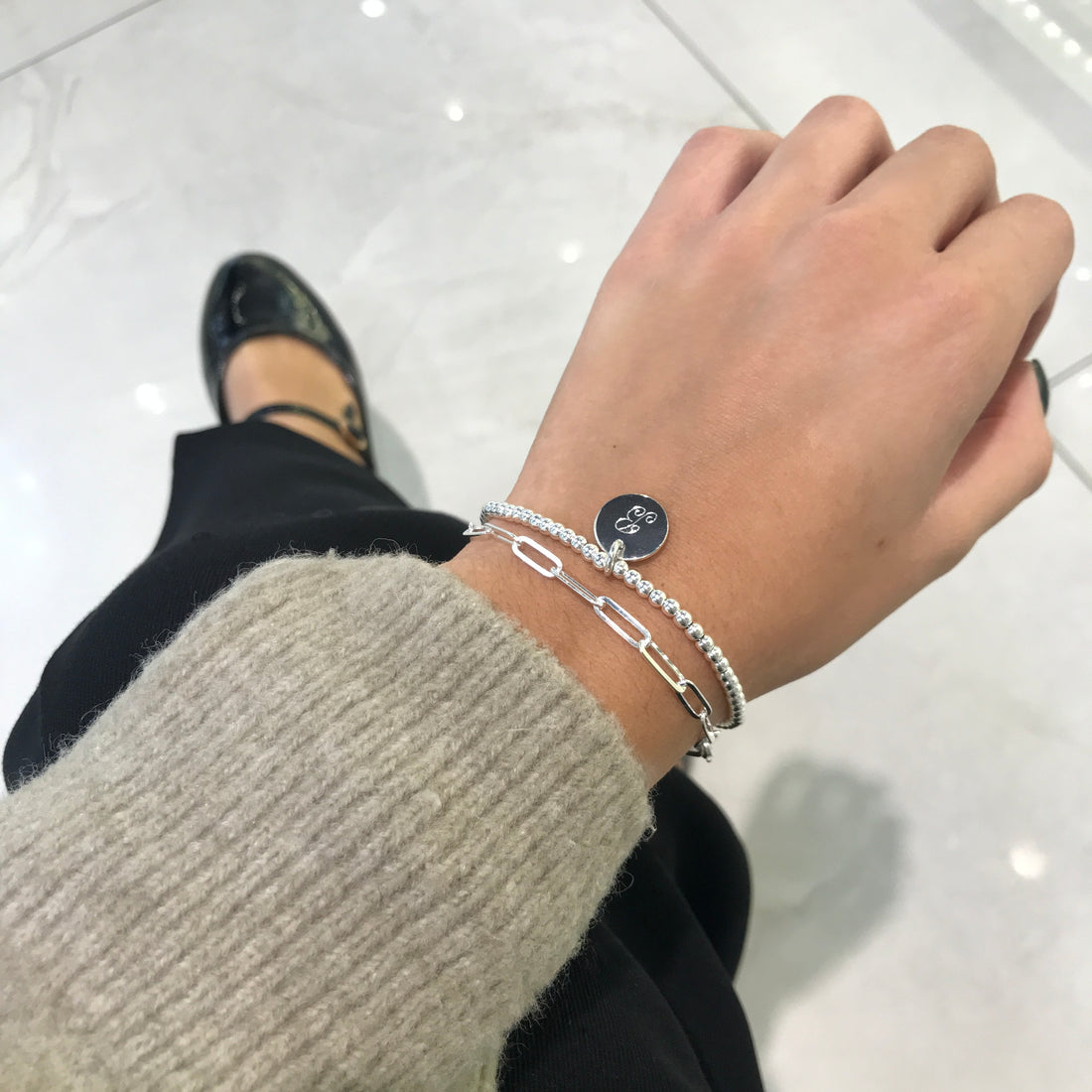 Engravable- 925 Sterling Silver Ball Bracelet with Circle Charm