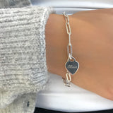Engravable - 925 Sterling Silver Paperclip Bracelet with Heart Charm