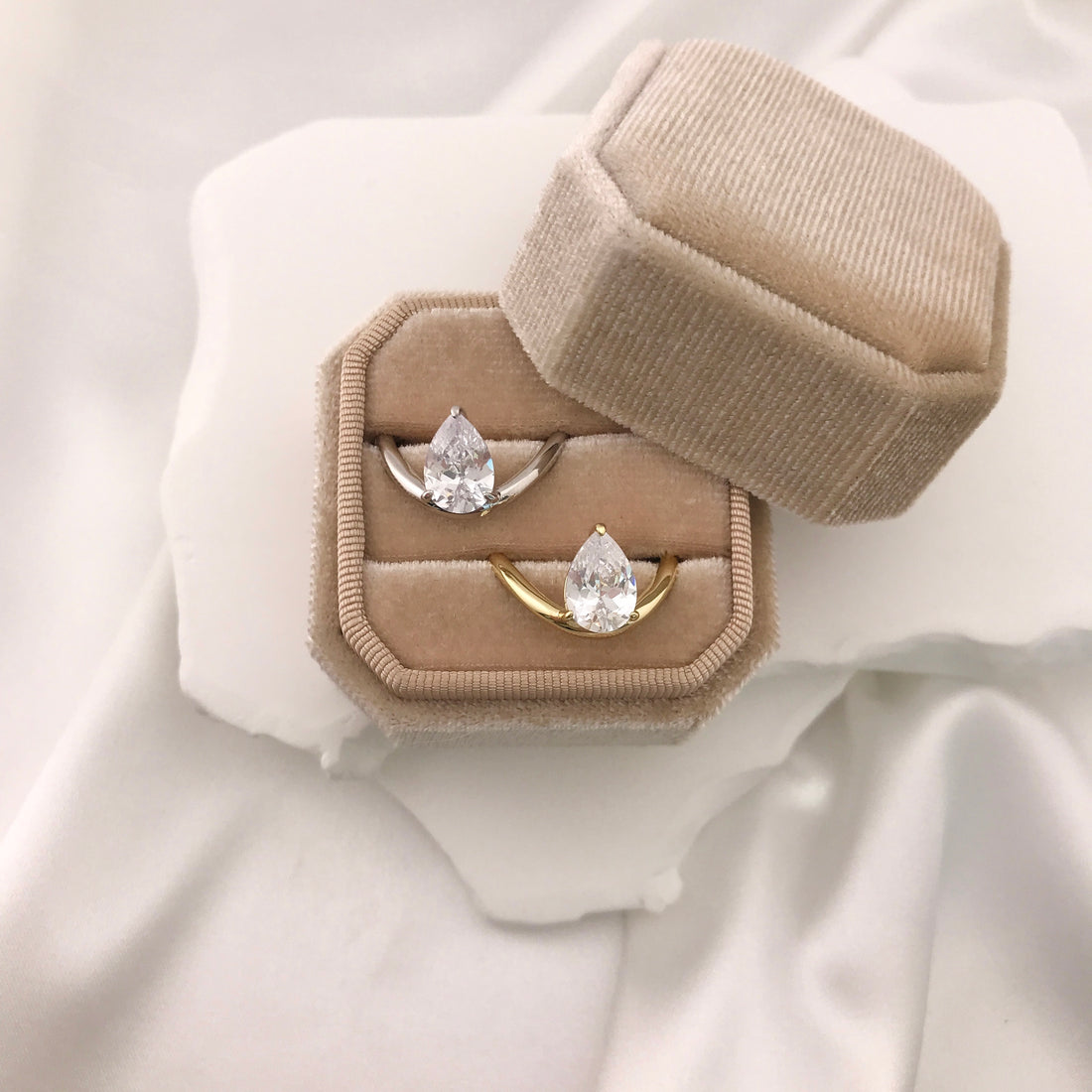 Pear CZ Solitaire Wave Ring
