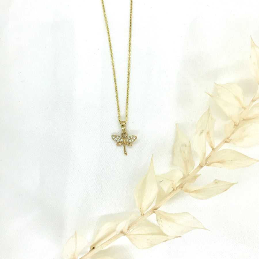 10k Yellow Gold CZ Dragonfly Necklace