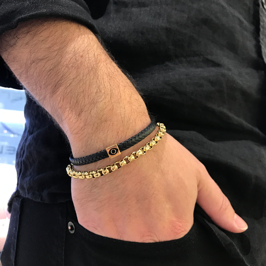 Stainless Steel 6mm Leather & Cubic Evil Eye Bracelet by Ital Gem