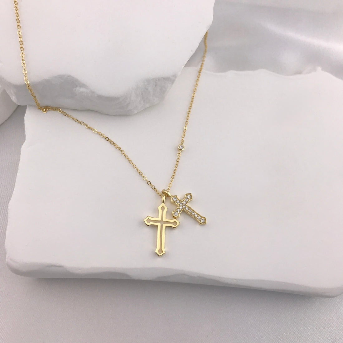 Double Cross CZ Necklace