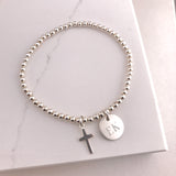 Engravable - 925 Sterling Silver Stretch Bracelet With Disc and Cross S, M, L