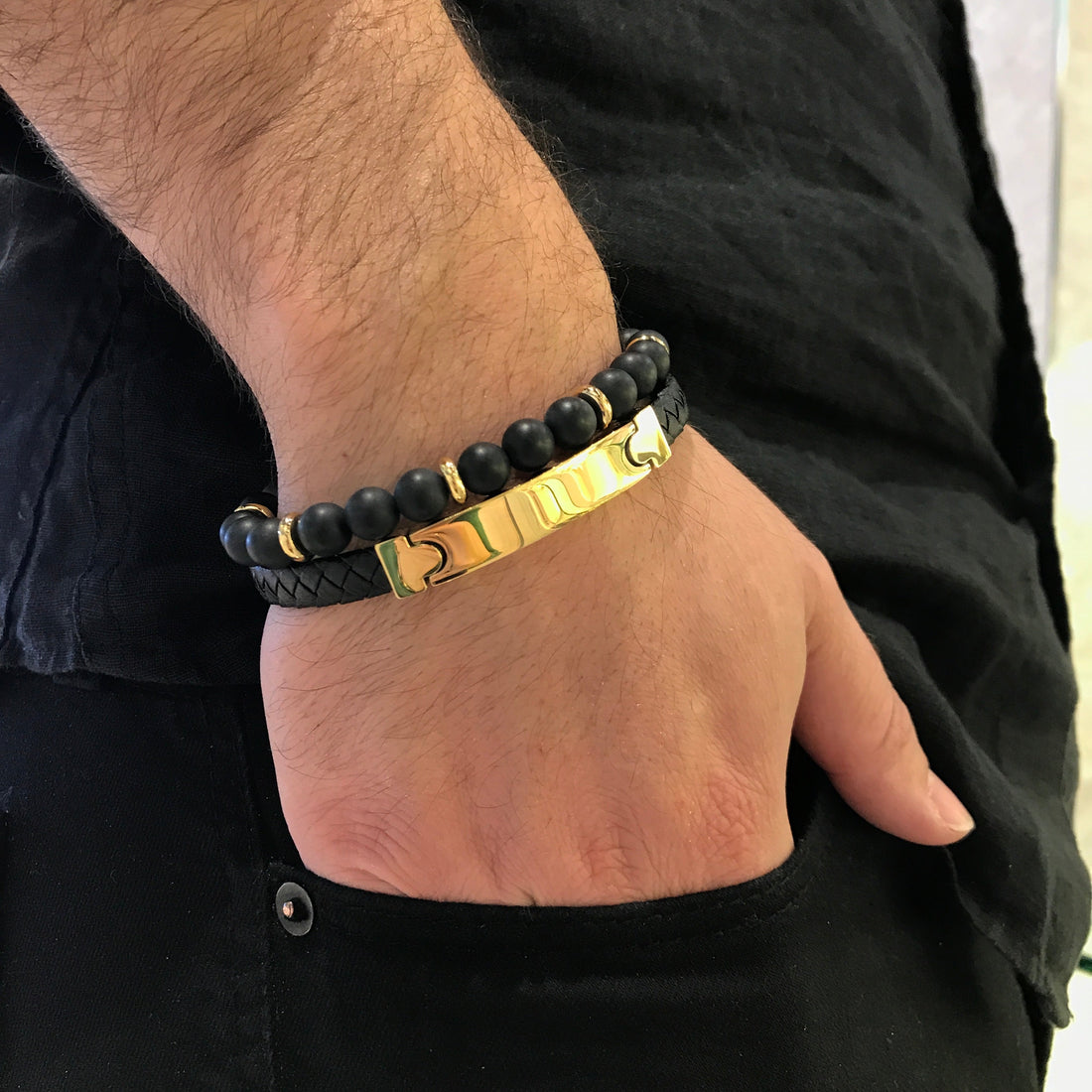 Black Onyx with Stainless Steel Beaded Bracelet by Ital Gem