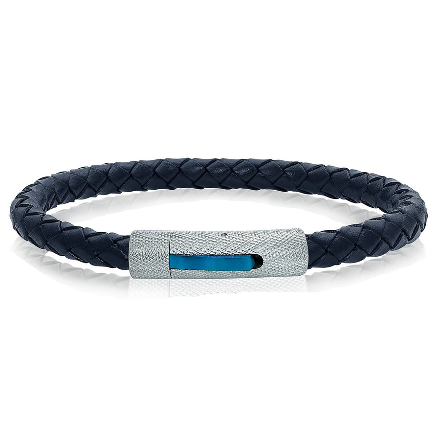 Stainless Steel Checkered Clasp Blue Braided Genuine Leather Bracelet