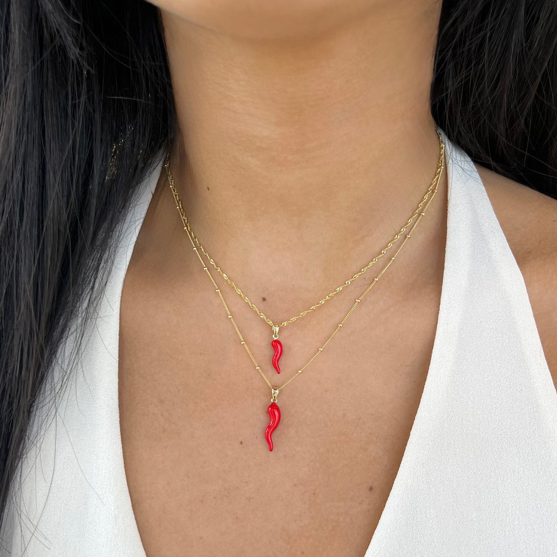Gold Red Enamel Corno Pendant