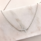 925 Sterling Silver Sideways CZ Cross Necklace
