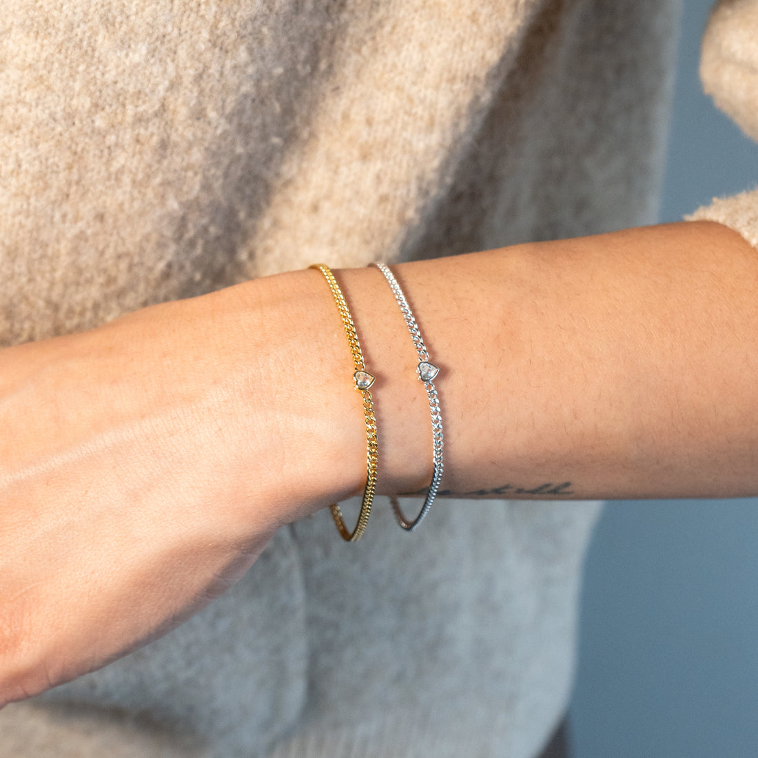 Bezel Set Heart CZ Curb Chain Bracelet