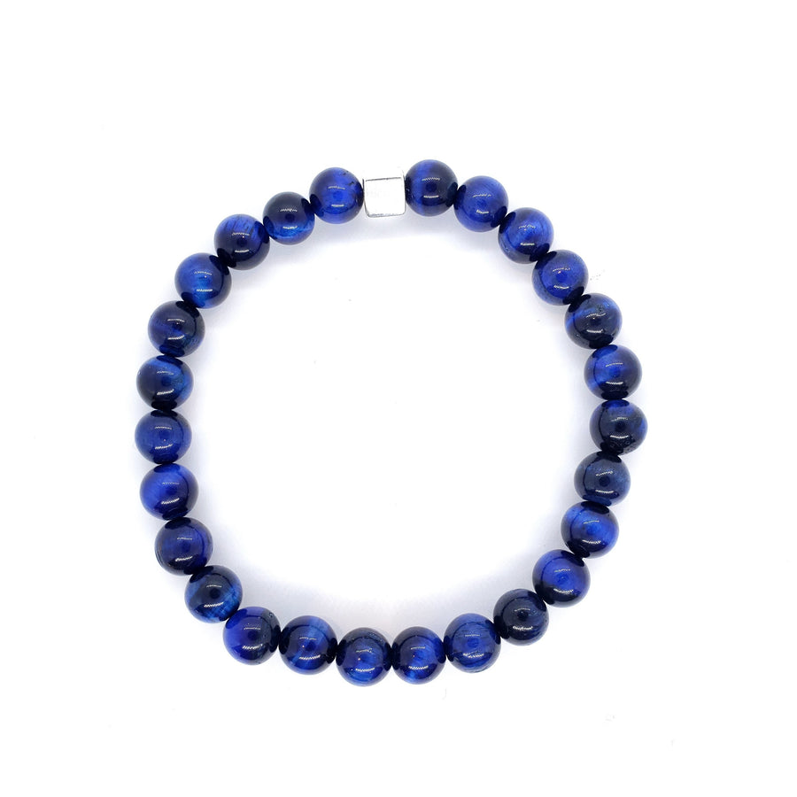 Blue Tiger Eye with Silver Cube Beaded Bracelet
