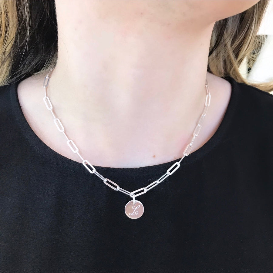 The Laura Engravable Disc - 925 Sterling Silver Paper clip necklace
