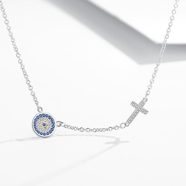 Sterling Silver CZ Evil Eye and Cross Necklace