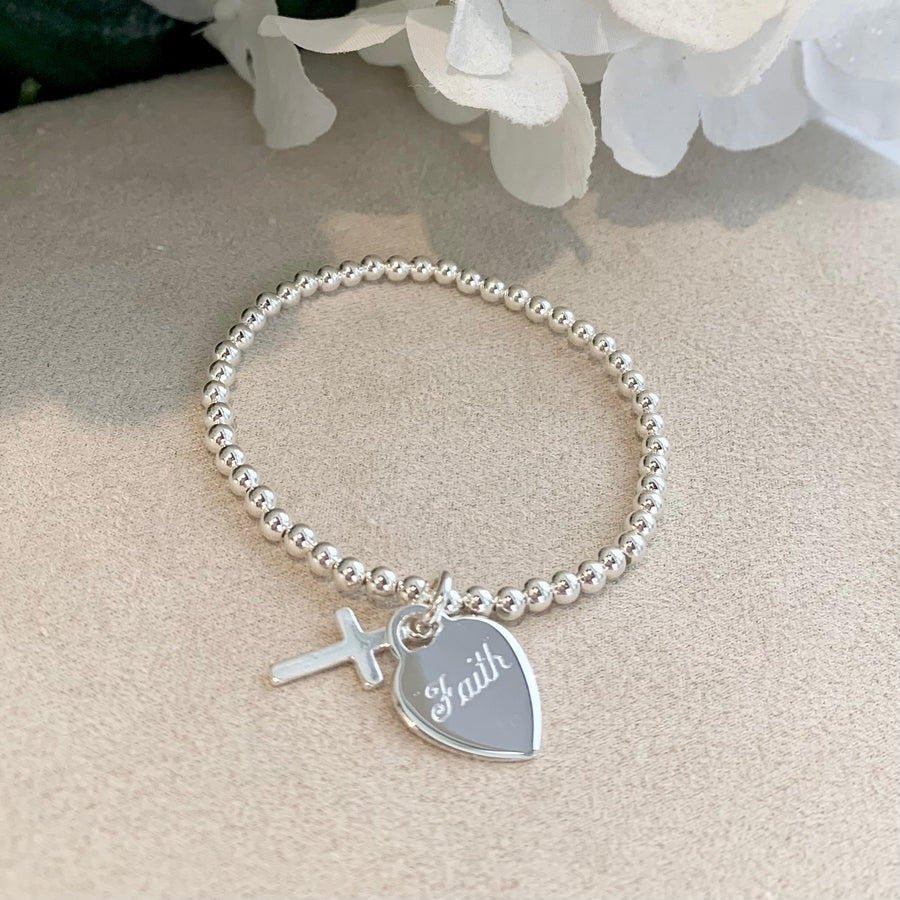 Engravable Heart - Sterling Silver Children's  Stretch Bracelet With Cross