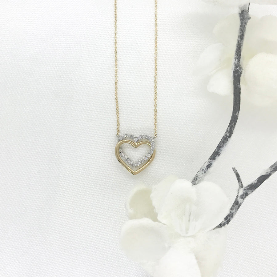 10k Two Toned Double CZ Heart Necklace