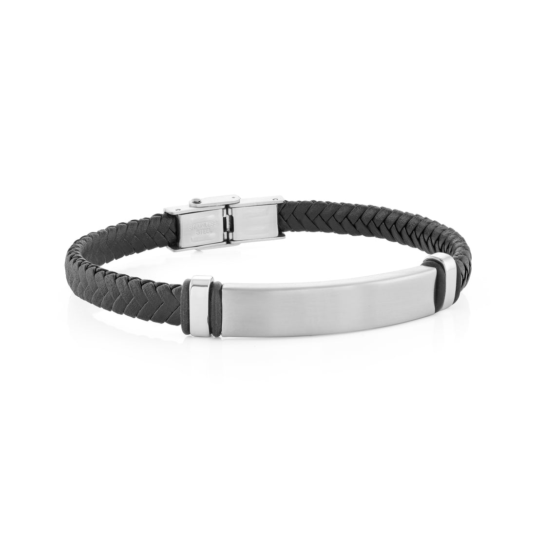 Engravable - Stainless Steel Genuine Leather ID Bracelet by Ital Gem