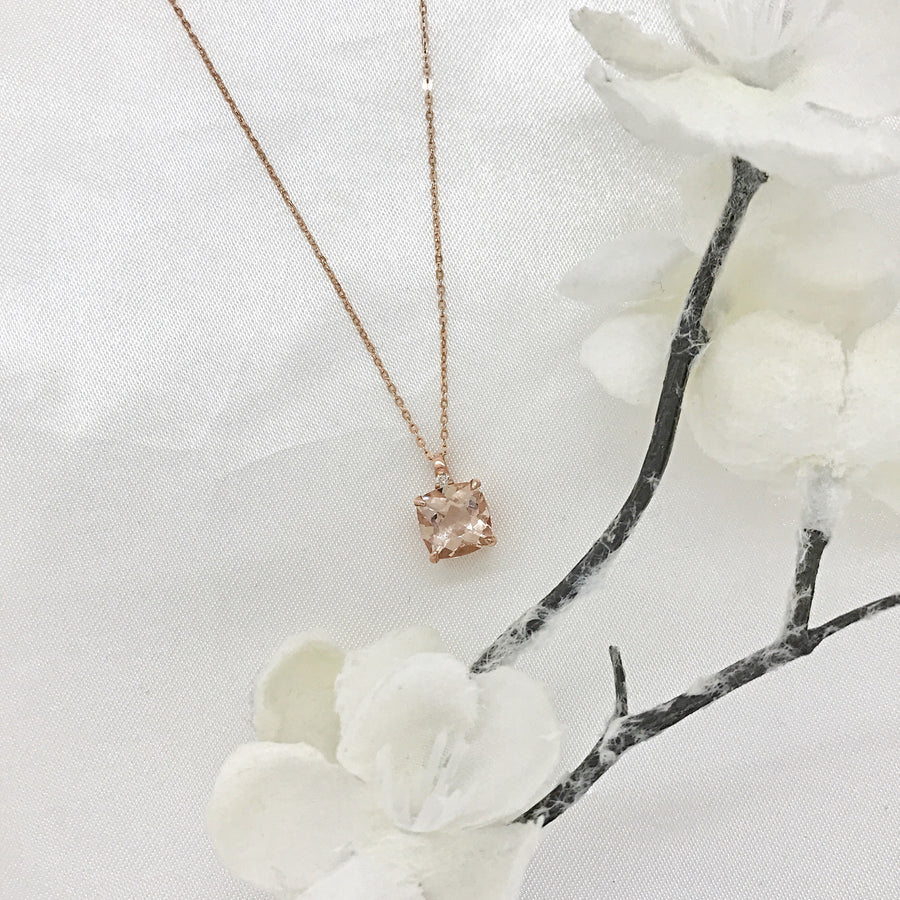 10k Gold Cushion Cut Created Morganite Stone and Diamond Necklace