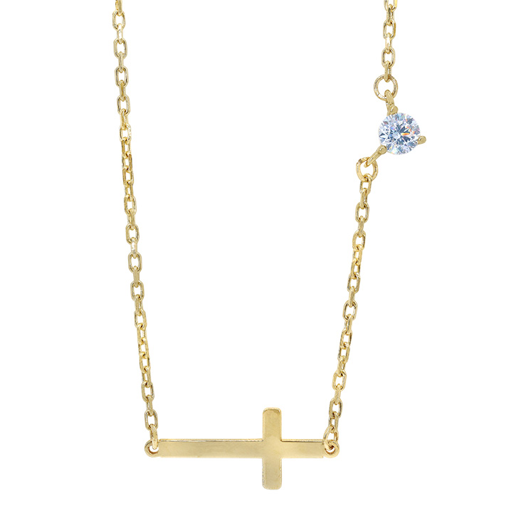10K Gold Sideways Cross Necklace with CZ