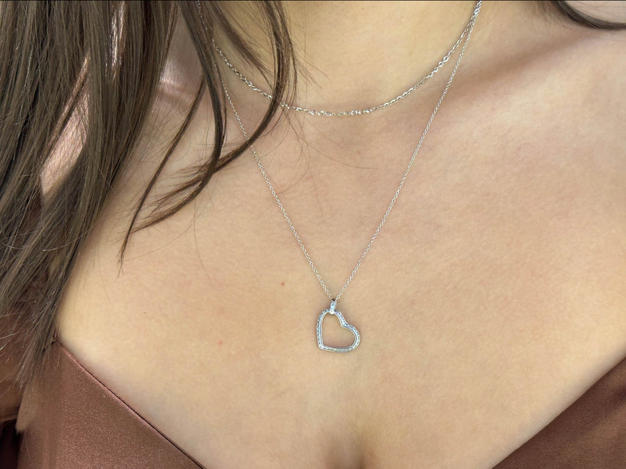 10K White Gold CZ Dangling Heart Necklace
